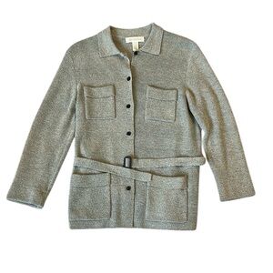 VTG 90’s Jones New York Merino Wool Belted Cardigan Jacket Button Up Gray Medium